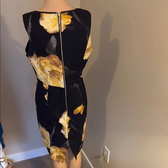 White House Black Market Elegant Black Yellow Floral Dress w/matching cardigan - Picture 2 of 4